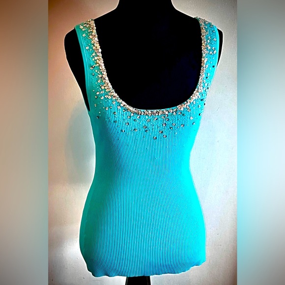 Cache Tops - Teal Blue Sexy Tank Top with Sequins, good condition, Medium, Stretchy Material.